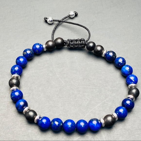 Men Lapis and Onyx Beaded Adjustable Bracelet - Picture 3 of 4